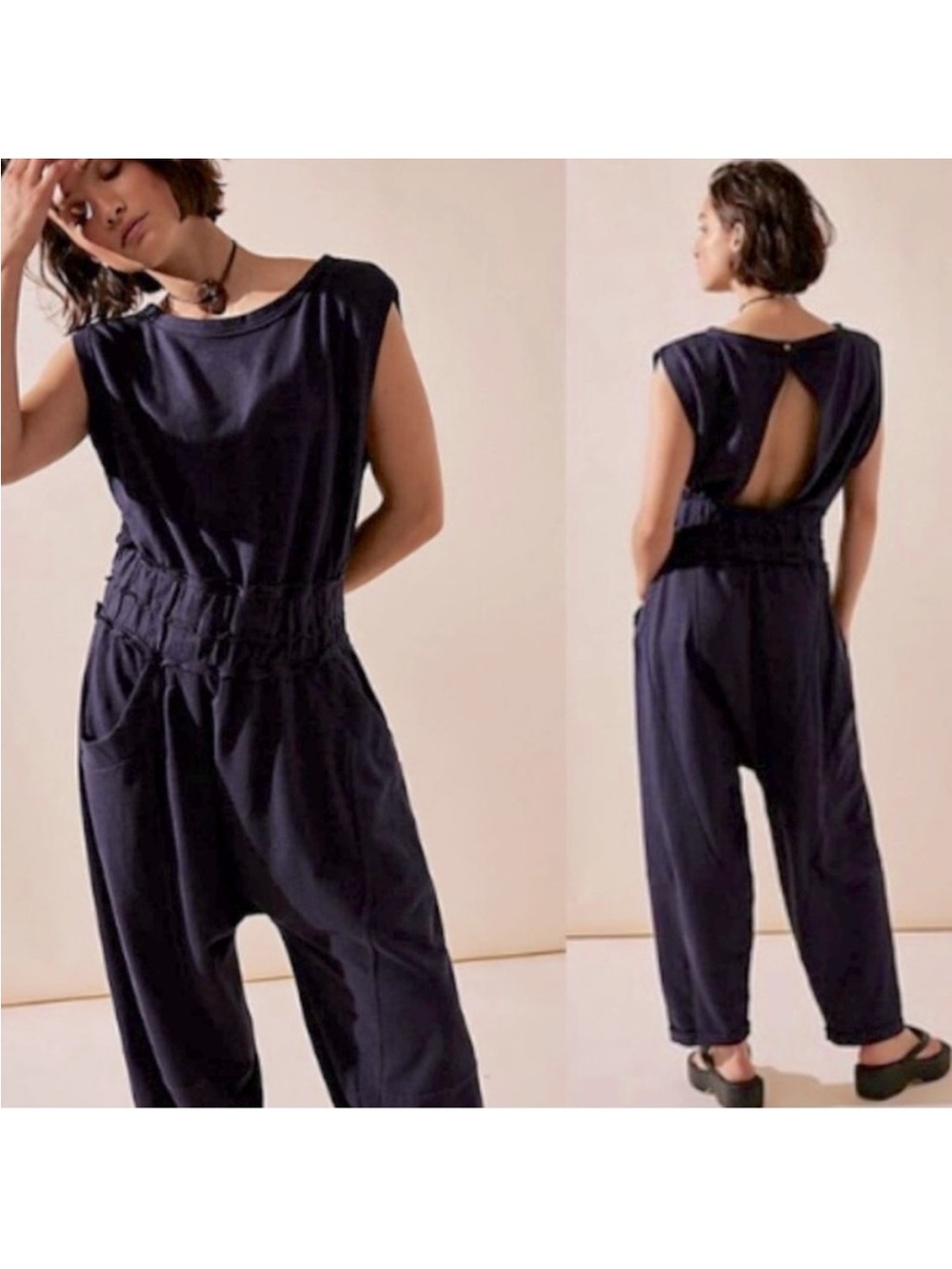 Free People: FP beach Navy Jumpsuit with Elastic Waist- Size Small NWOT!